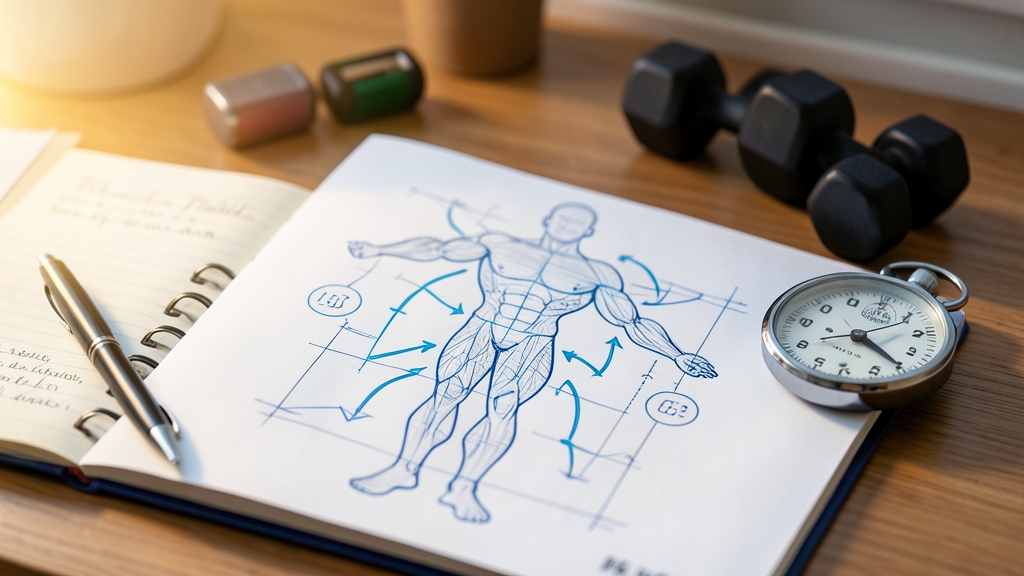 A desk with a notebook, pen, small weights, and a sketch of a workout plan in warm light.