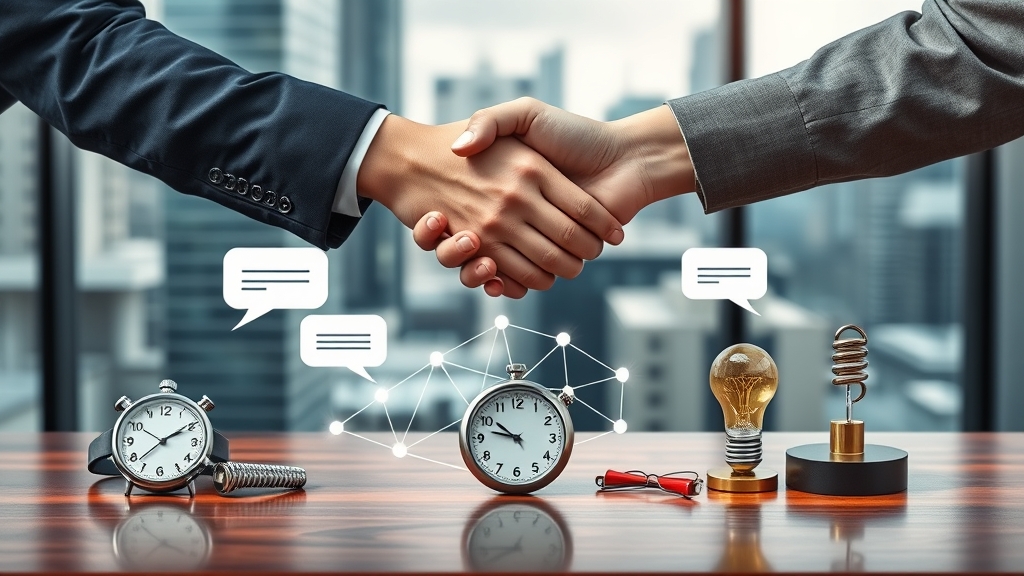 Zwei Hände schütteln sich über einem Netzwerk-Diagramm, umgeben von Sprechblasen und einer Stoppuhr, auf einem eleganten Schreibtisch.