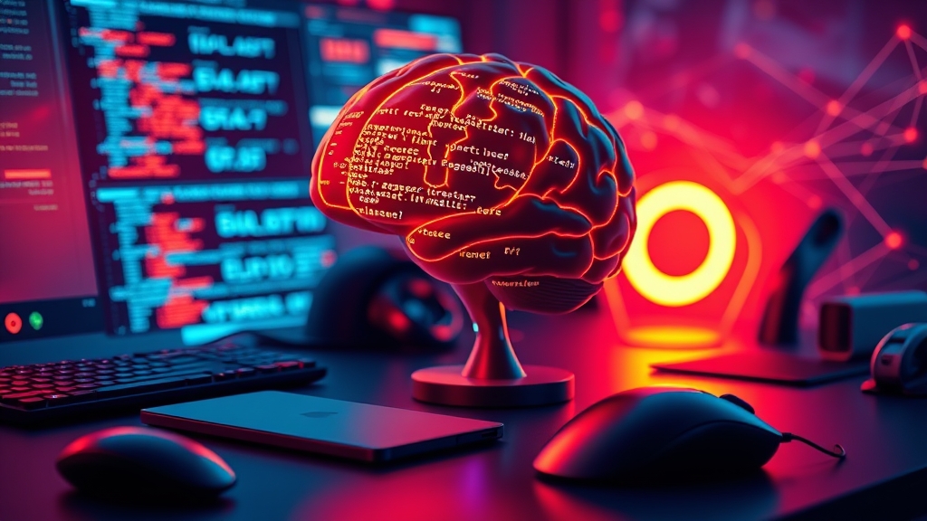 Konzeptuelles Bild: Leuchtender Code auf einem menschlichen Gehirnmodell, umgeben von Programmierwerkzeugen