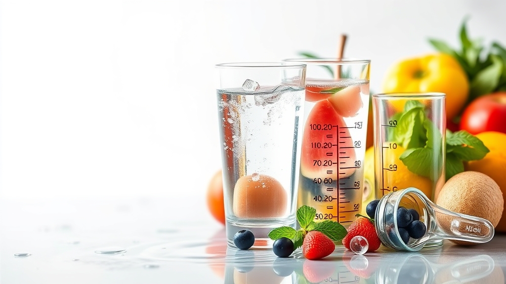 Symbolic representation of hydration with water, fruits, and vegetables.