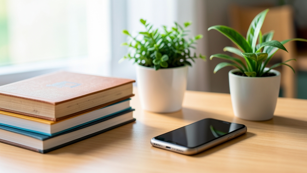 Ein ruhiger Schreibtisch mit Büchern und einer Pflanze, während ein Smartphone ausgeschaltet ist.