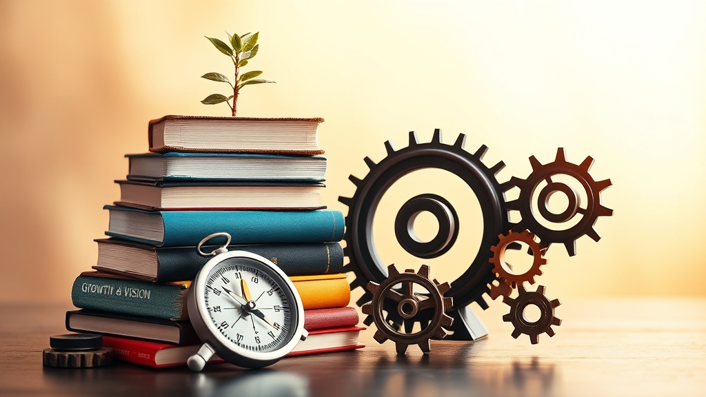 Konzeptbild: Ein wachsender Pflanzenspross auf einem Stapel Bücher, daneben ein Kompass und Zahnräder, symbolisiert Leadership-Entwicklung.