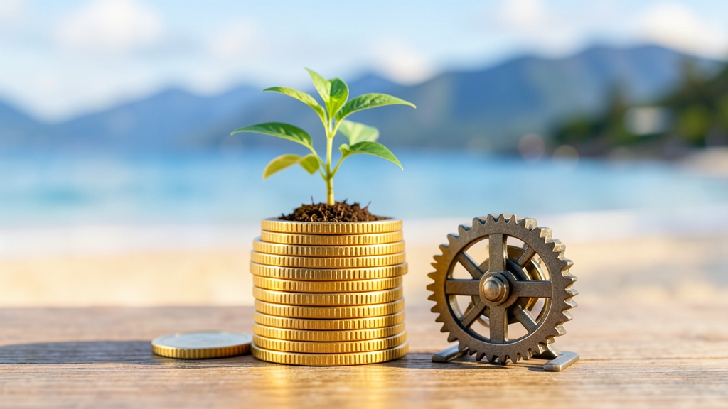 Ein Stapel goldener Münzen mit einer kleinen grünen Pflanze, daneben ein Zahnradmechanismus und eine verschwommene Landschaft.