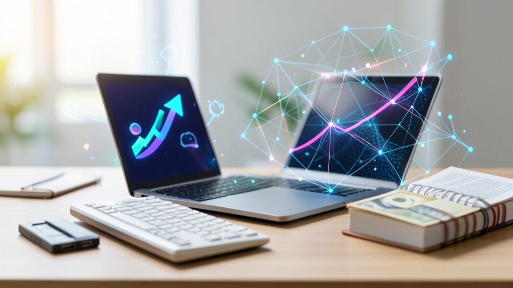 Symbolic representation of earning money online with creative tools and network graphics.