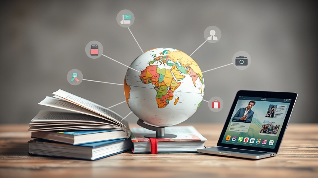 Symbolic representation of language learning with books and digital devices.