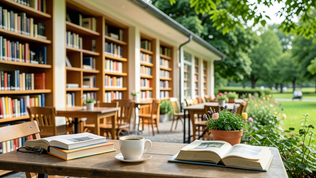 Bücher und Kaffeetassen auf einem Tisch in einem ruhigen Café in Salzburg