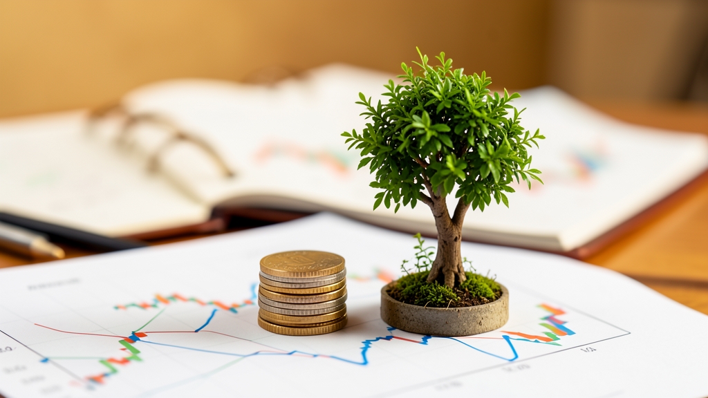 Ein kleiner Münzstapel neben einem aus einem Diagramm wachsenden Baum, der finanzielles Wachstum symbolisiert.