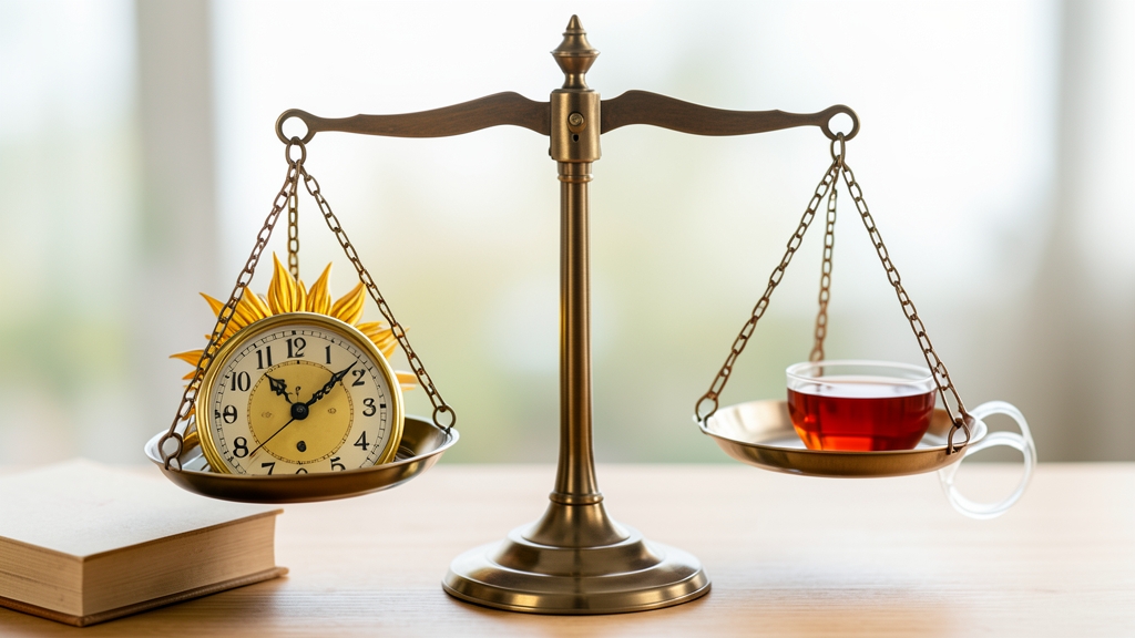 A balance scale displaying morning and evening routine symbols like a sun and a book.