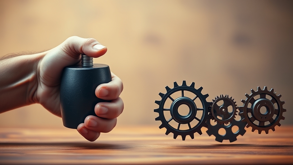 Eine Hand versucht, einen schweren Stein zu heben, während daneben Zahnräder sich mühelos drehen, symbolisierend Willenskraft versus systematisches Vorgehen.