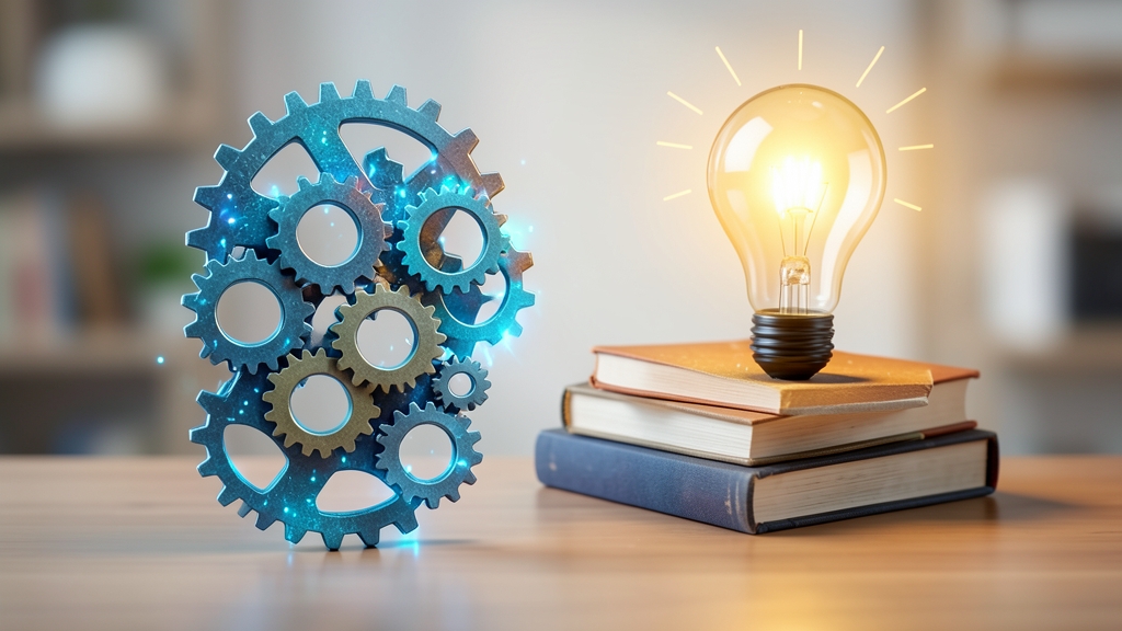 Symbolic representation of AI and human intelligence in harmony with books and gears.
