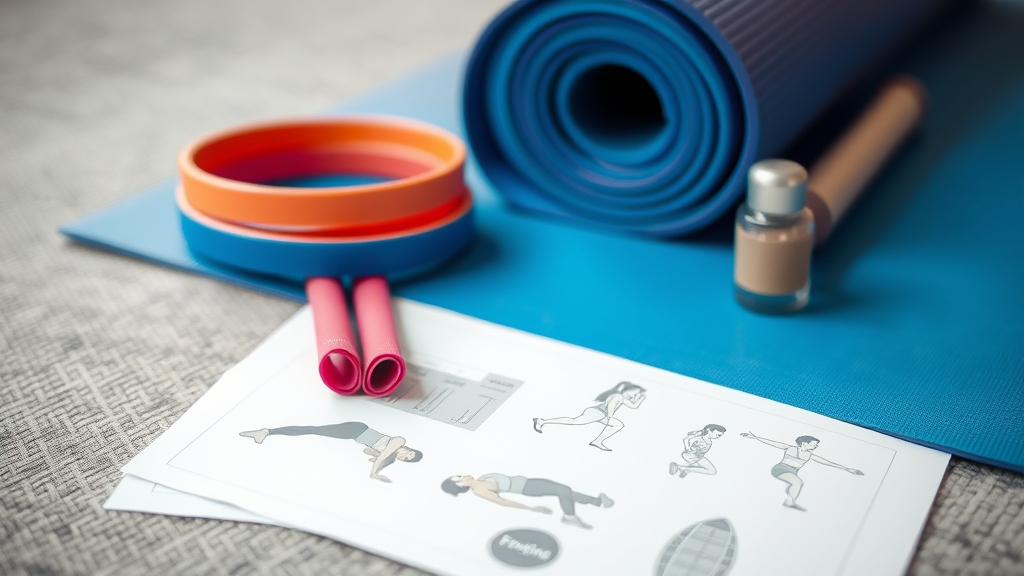 Diverse fitness tools for mobility training on a bright yoga mat.