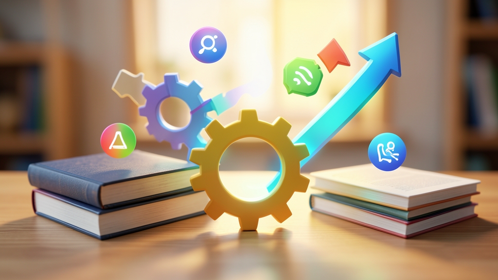 Symbolic representation of financial knowledge with books and gears on a desk.