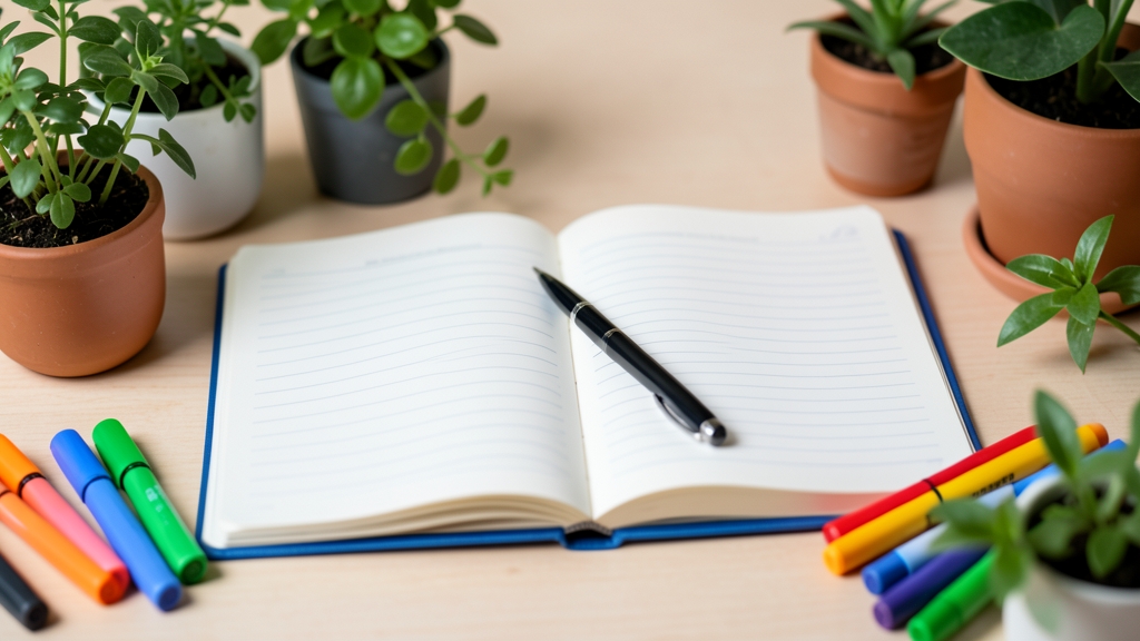 Offenes Journal mit bunten Stiften und Pflanzen auf einem Tisch.