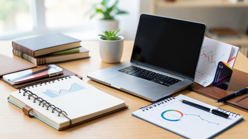 Symbolische Darstellung eines Aufbaus eines Side Hustles mit Notizbüchern und Laptops.